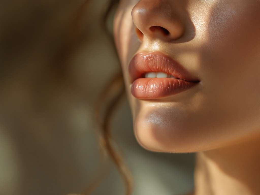 A close editorial crop of a woman's jawline and lips in warm, raking light.