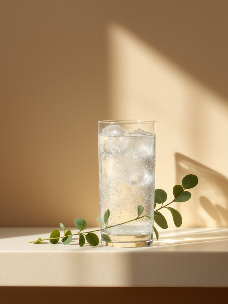 A tall glass of iced water beading with condensation on a travertine ledge, beside a eucalyptus sprig.
