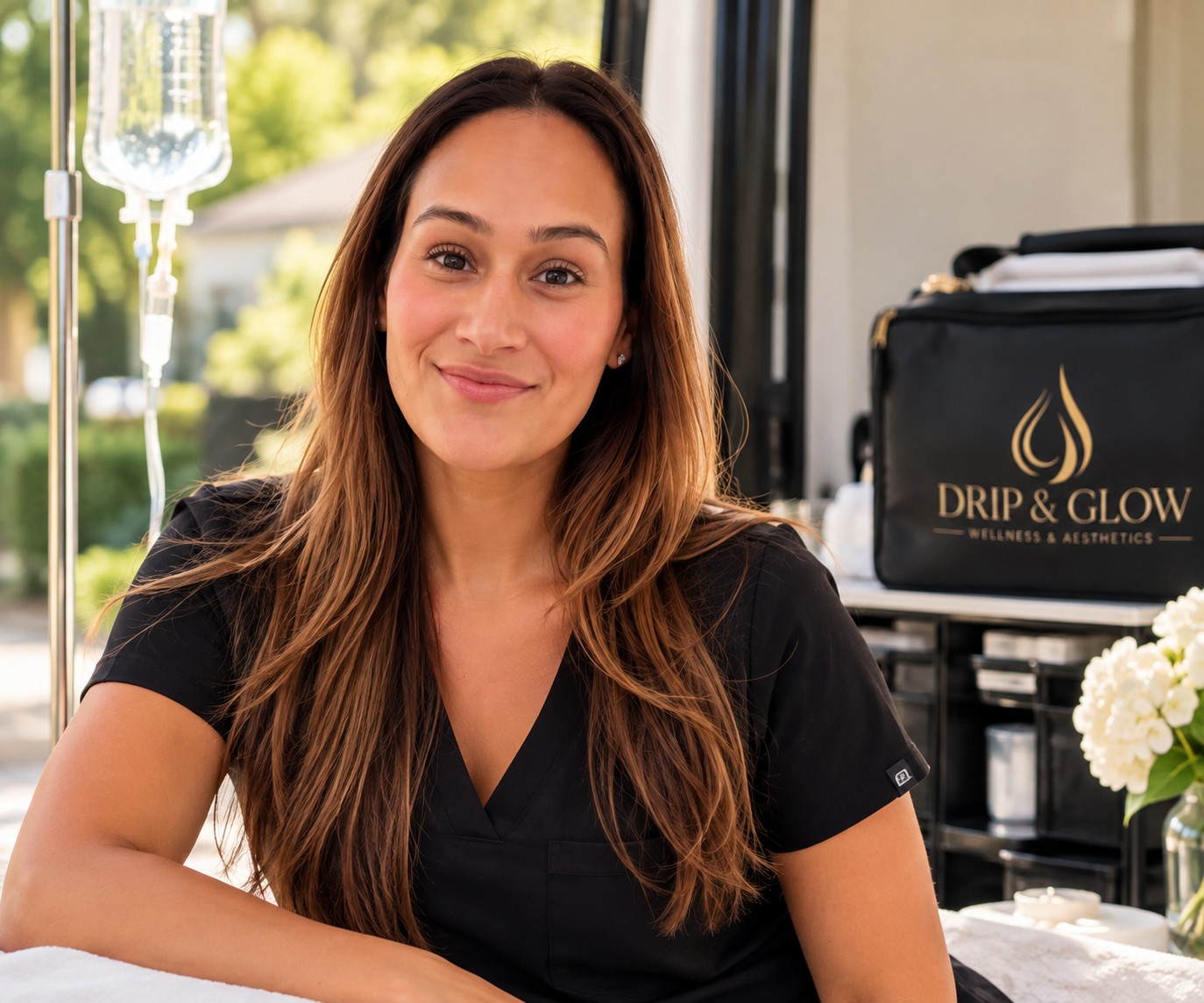 Angelica Siniscalchi, founder of Drip & Glow, smiling in black scrubs beside a Drip & Glow bag.