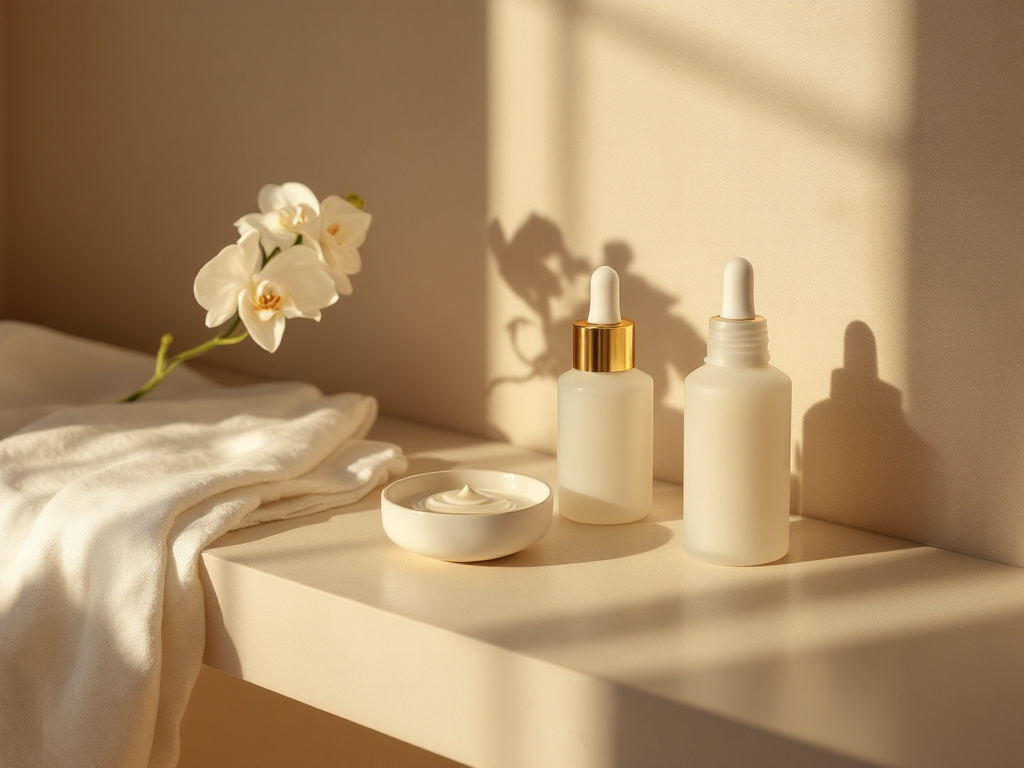 Unlabelled frosted glass dropper bottles and a dish of cream on a travertine ledge beside a white orchid.