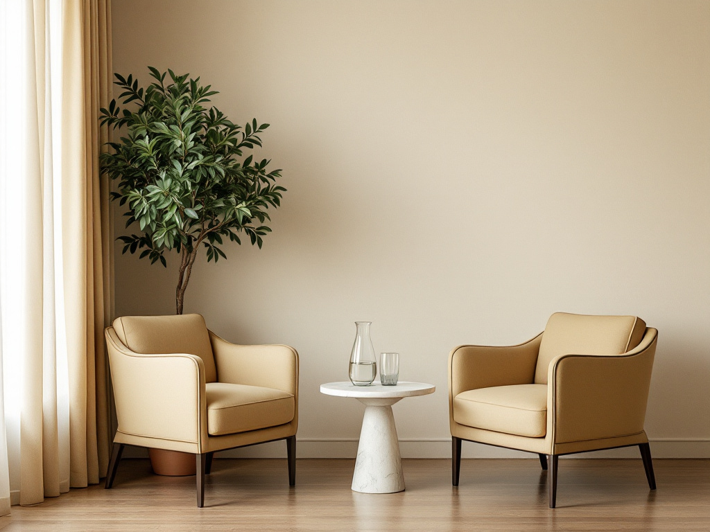 A private consultation corner: two upholstered chairs facing each other across a small round table, beside a potted olive tree.